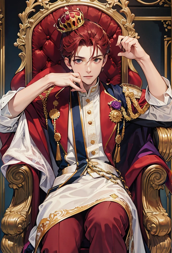 man, Red and purple suit, host, With a crown, Sitting on the throne,Gorgeous chairs,Marble Flooring,