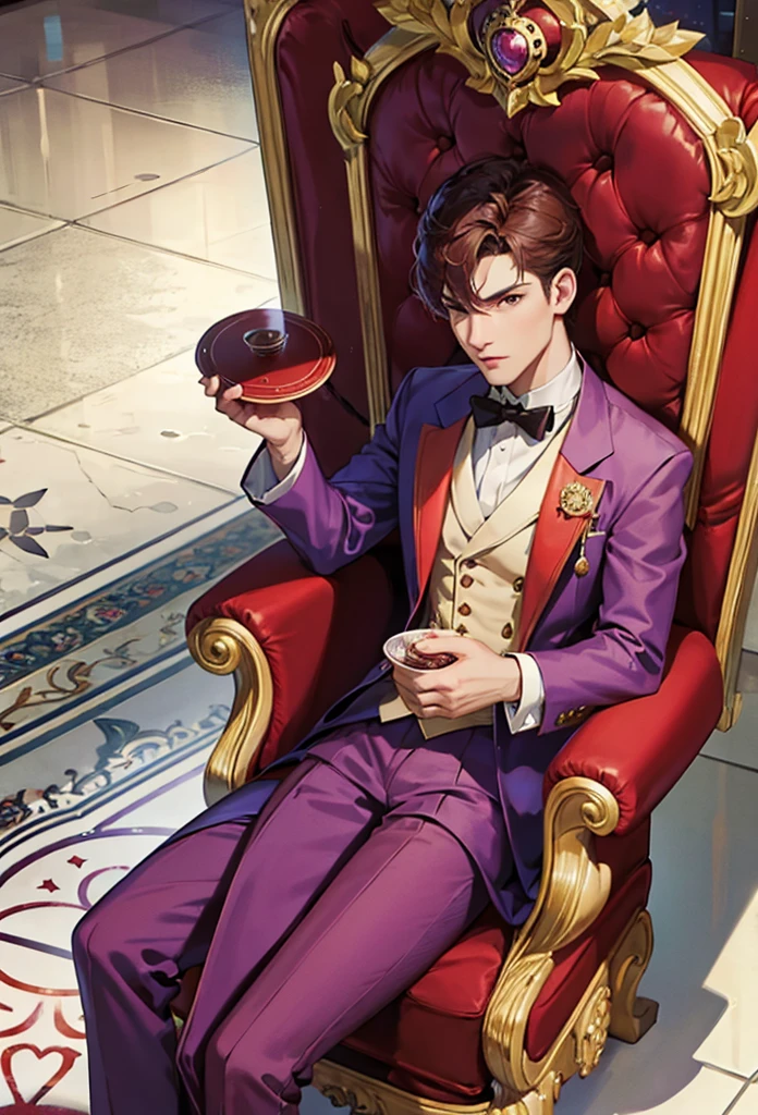 man, Red and purple suit, host, With a crown, Sitting on the throne，Gorgeous chairs，Marble Flooring，