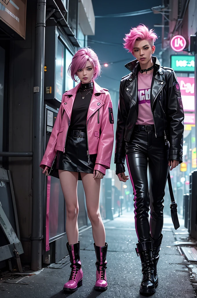 Androgynous young man, mid-length magenta hair, light green eyes, long eyelashes, leather clothing, short fluorescent pink jacket, post-apocalypse cyberpunk style, leather boots, night city.