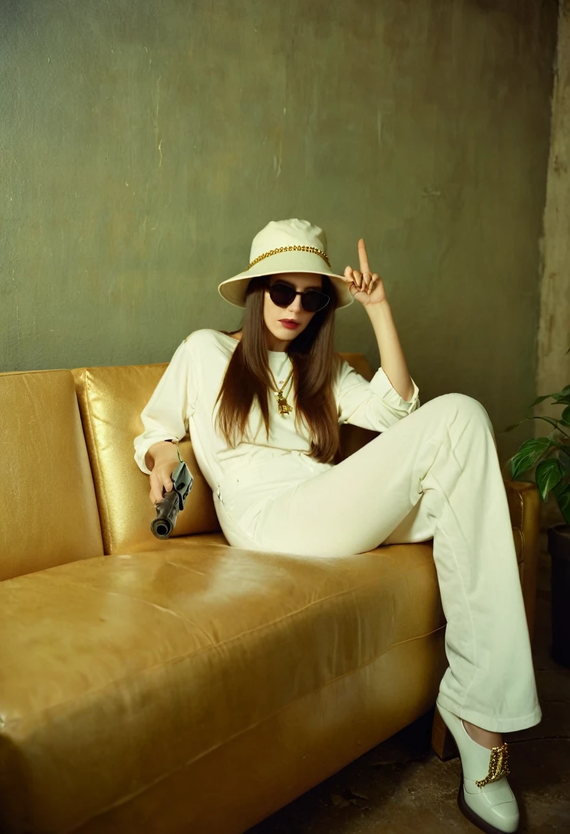 90s woman, gangsta rapper. Boss gangster in sunglasses and gold chain. Hip hop style denim overall with oversized white t shirt and bucket hat, lounging on a leather couch. She is pointing a gun at the viewer. gunatyou. sleek long hair, oversized clothes, photo depth of field, shadows, grainy, seductive analog lofi (by Oleg Oprisco Laura Makabresku), wall, dimly lit, potted plant
