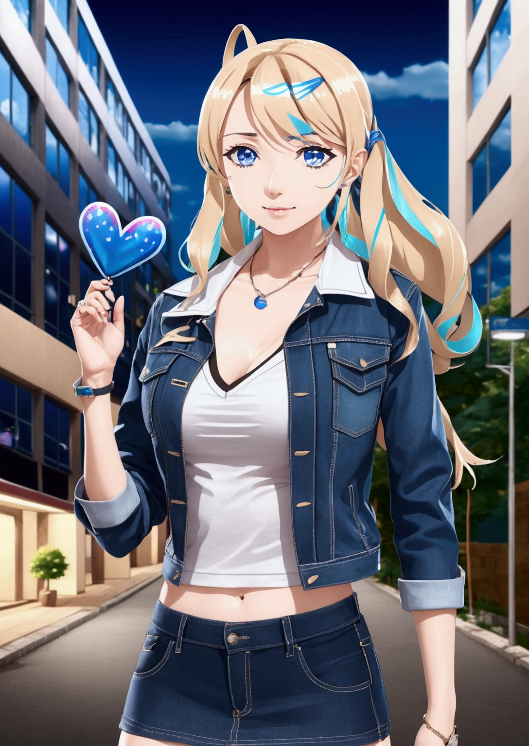 photorealistic of young teenage female, shirakawa runa, on city avenue, she looking at viewer and smiling, she wears black choker, denim jacket, white t-shirt and denim pencil mini skirt, (1girl, solo, full body), (masterpiece, best quality)