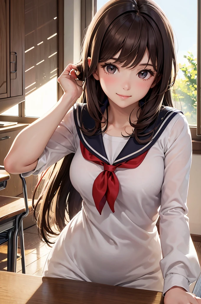 Best Quality,High resolution,8k,finelity detailed background,Masterpiece:1.2),beautiful girl,Shiny brown hair,Beautiful brown eyes,Gentle look,A refreshing look,smile,Best quality,Best Quality,Aesthetic and aesthetic:1.2,Best details((Super detailed))(High-definition CG illustrations),Sailor suit,Summer clothes,Big Breasts,Slender body,morning,sunlight,School,classroom,smile,blush,cute,Scrounge,Looking up,Being spoiled,super model,shoot from,below