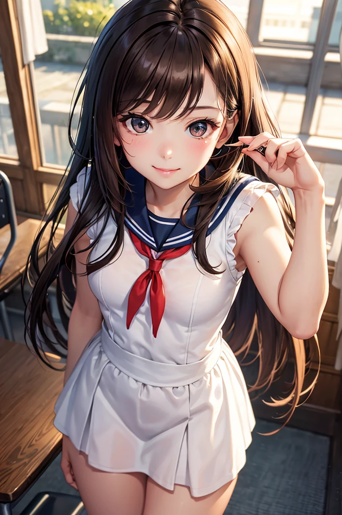 Best Quality,High resolution,8k,finelity detailed background,Masterpiece:1.2),beautiful girl,Shiny brown hair,Beautiful brown eyes,Gentle look,A refreshing look,smile,Best quality,Best Quality,Aesthetic and aesthetic:1.2,Best details((Super detailed))(High-definition CG illustrations),Sailor suit,Summer clothes,Big Breasts,Slender body,morning,sunlight,School,classroom,smile,blush,cute,Scrounge,Looking up,Being spoiled,super model,shoot from,below