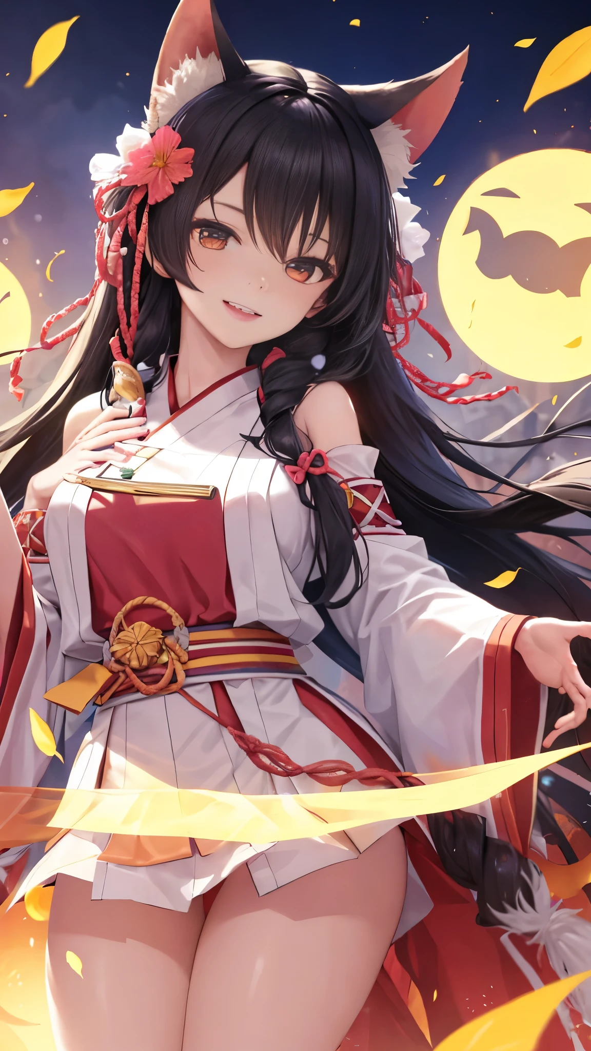 (NSFW), Highest quality, Masterpiece:1.35, Wallpaper, Figure, Original, with a depth of written boundary that invites the viewer into a world of their own, One girl:1.35, alone in the scene, her whole body captured in dynamic motion, Detailed face reveals a mature woman, Adult, of age:1.3, with a medium chest, radiating an amused and happy smile. She is dressed in a traditional Miko costume, adorned with floral decorations, her ridiculously long black hair lit by the soft glow of dog ear volume lighting. Fallen leaves paint the scene, and the Tyndall effect casts vibrant colors across the