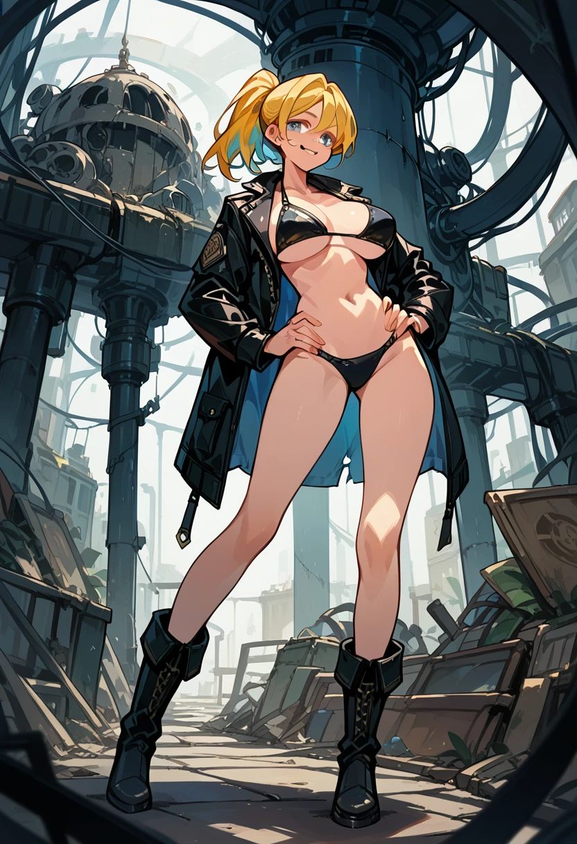 Masterpiece, best quality, Masterpiece, best quality, 1 woman , blue eyes , yellow ponytail , black leather jacket , sly face , smile , bikini , abdomen, big breasts , Long legs , boots , hands on hips , abandoned factory , at night