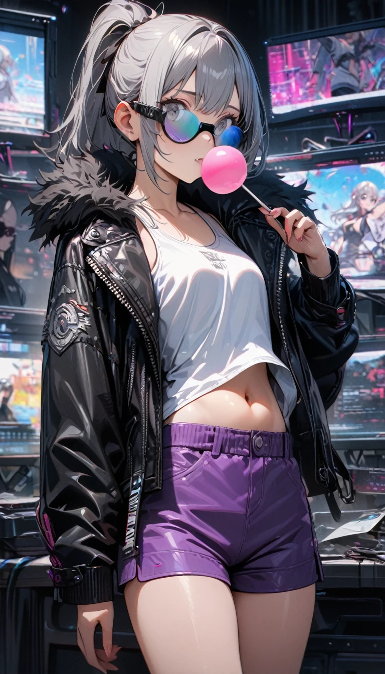 young girl, short gray hair, high ponytail, gray eyes, bubble gum, hacker glasses, black leather jacket with fur collar, white tight tank top, open belly, purple shorts, hacker, Masterpiece, best quality, Full HD, 8k, ultra details, great graphic