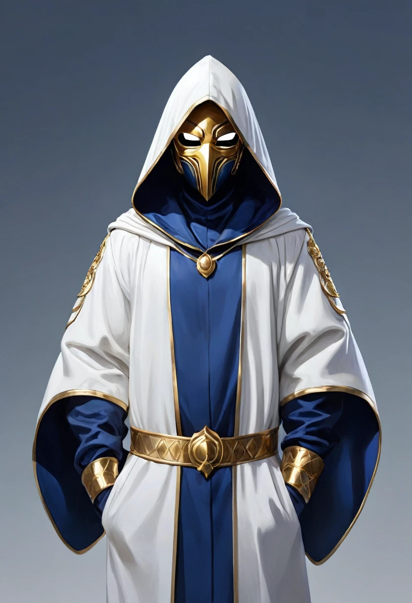 Hooded male wearing white and dark blue robe, wearing a white ballistic mask, intrinsic golden highlights