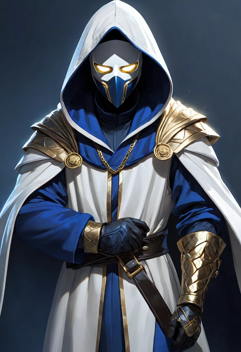 Hooded male wearing white and dark blue robe, wearing a white ballistic mask, intrinsic golden highlights