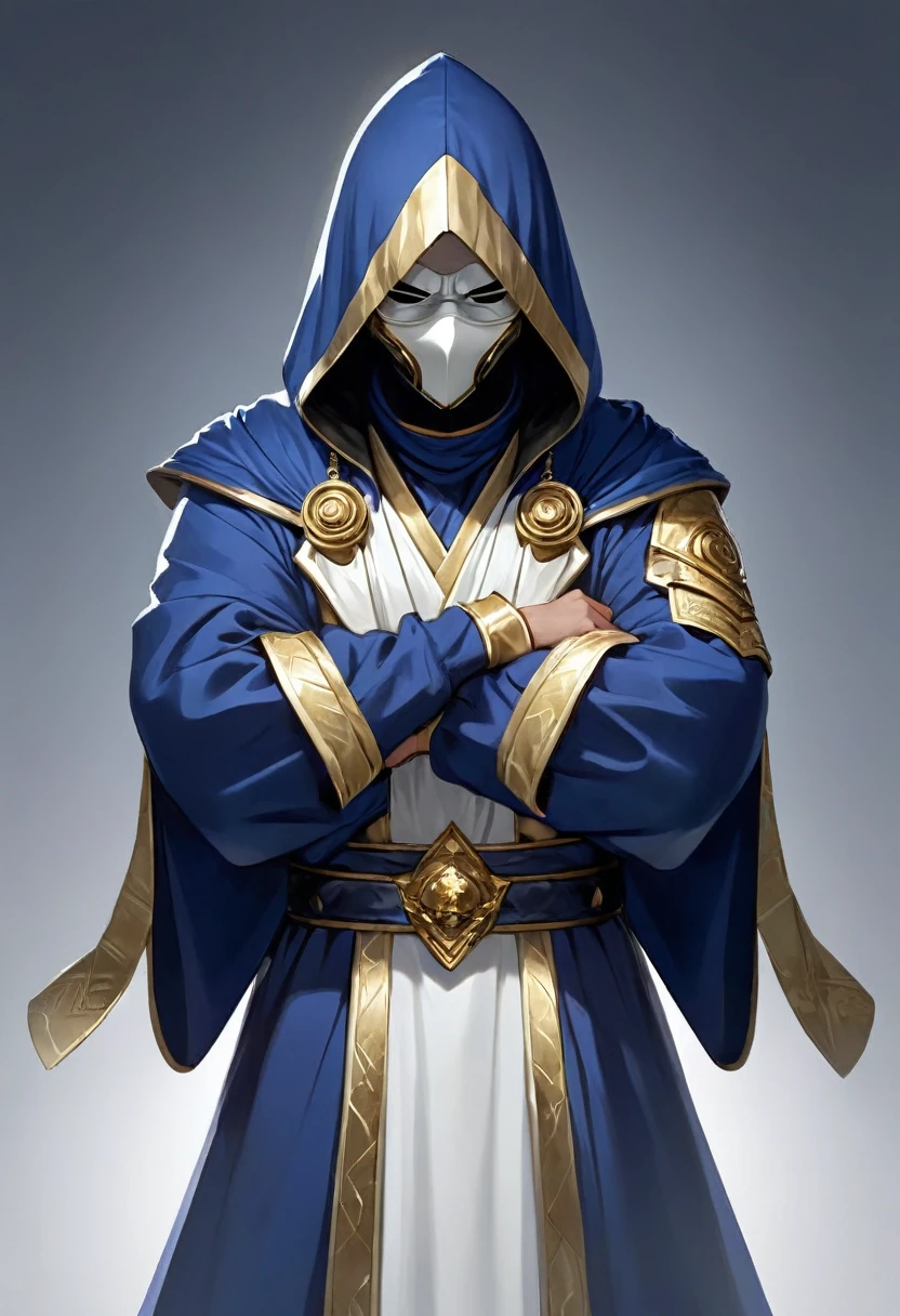 Hooded male wearing white and dark blue robe, wearing a white ballistic mask, intrinsic golden highlights