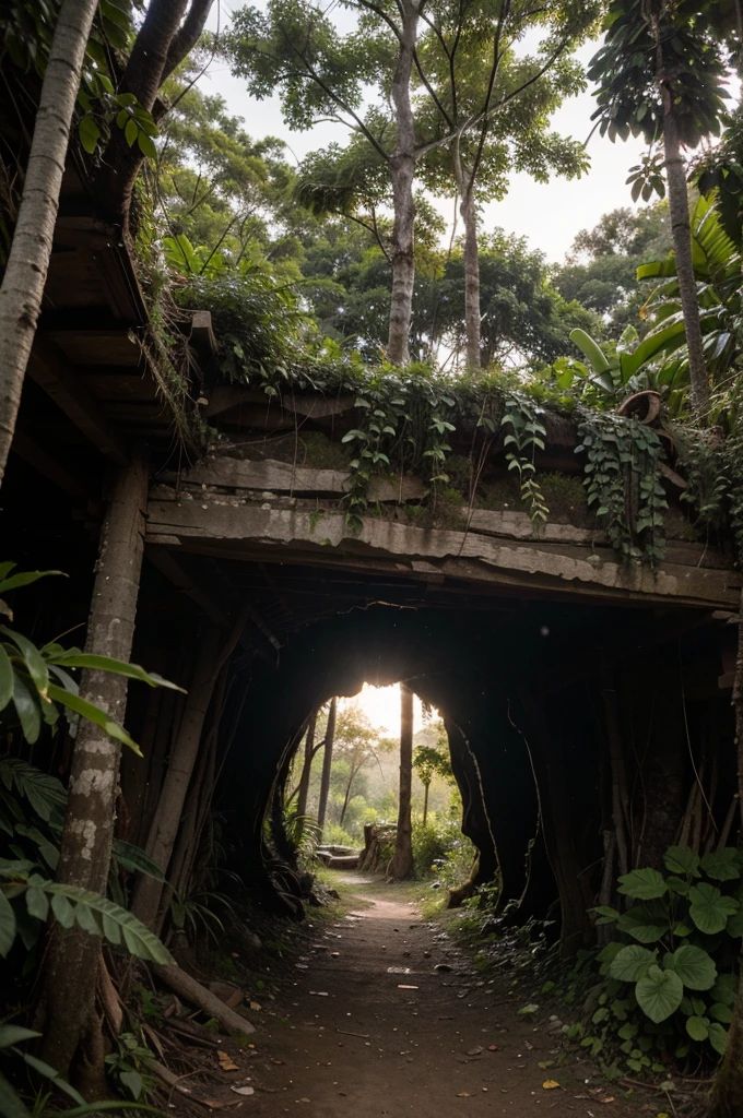 Wide professional photo taken from a cave in the Amazon with a lot of vegetation and fauna around at sunset