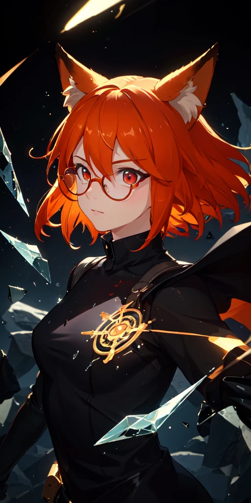 (masterpiece, best quality, ultra-detailed, best shadow), (detailed background,dark fantasy), (beautiful detailed face), high contrast, (best illumination, an extremely delicate and beautiful), ((cinematic light)), colorful, hyper detail, dramatic light, intricate details, (1 boy, solo, orange hair, sharp face, short stylish hair,red eyes, black glasses, fox ears, hair between eyes,dynamic angle), fire particles, swirling black light around the character, depth of field,black light particles,(broken glass),magic circle,