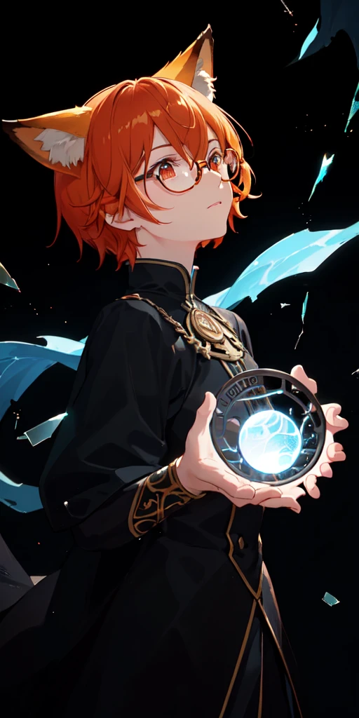 (masterpiece, best quality, ultra-detailed, best shadow), (detailed background,dark fantasy), (beautiful detailed face), high contrast, (best illumination, an extremely delicate and beautiful), ((cinematic light)), colorful, hyper detail, dramatic light, intricate details, (1 boy, solo, orange hair, sharp face, short stylish hair,red eyes, black glasses, fox ears, hair between eyes,dynamic angle), fire particles, swirling black light around the character, depth of field,black light particles,(broken glass),magic circle,