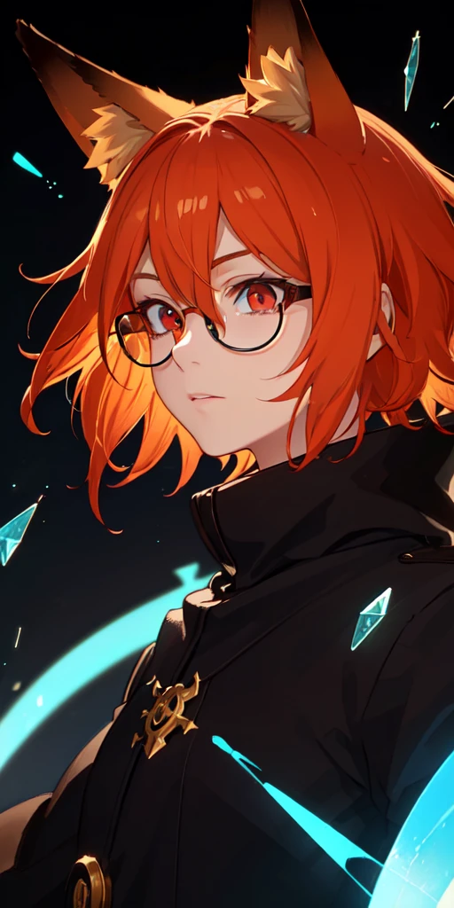 (masterpiece, best quality, ultra-detailed, best shadow), (detailed background,dark fantasy), (beautiful detailed face), high contrast, (best illumination, an extremely delicate and beautiful), ((cinematic light)), colorful, hyper detail, dramatic light, intricate details, (1 boy, solo, orange hair, sharp face, short stylish hair,red eyes, black glasses, fox ears, hair between eyes,dynamic angle), fire particles, swirling black light around the character, depth of field,black light particles,(broken glass),magic circle,