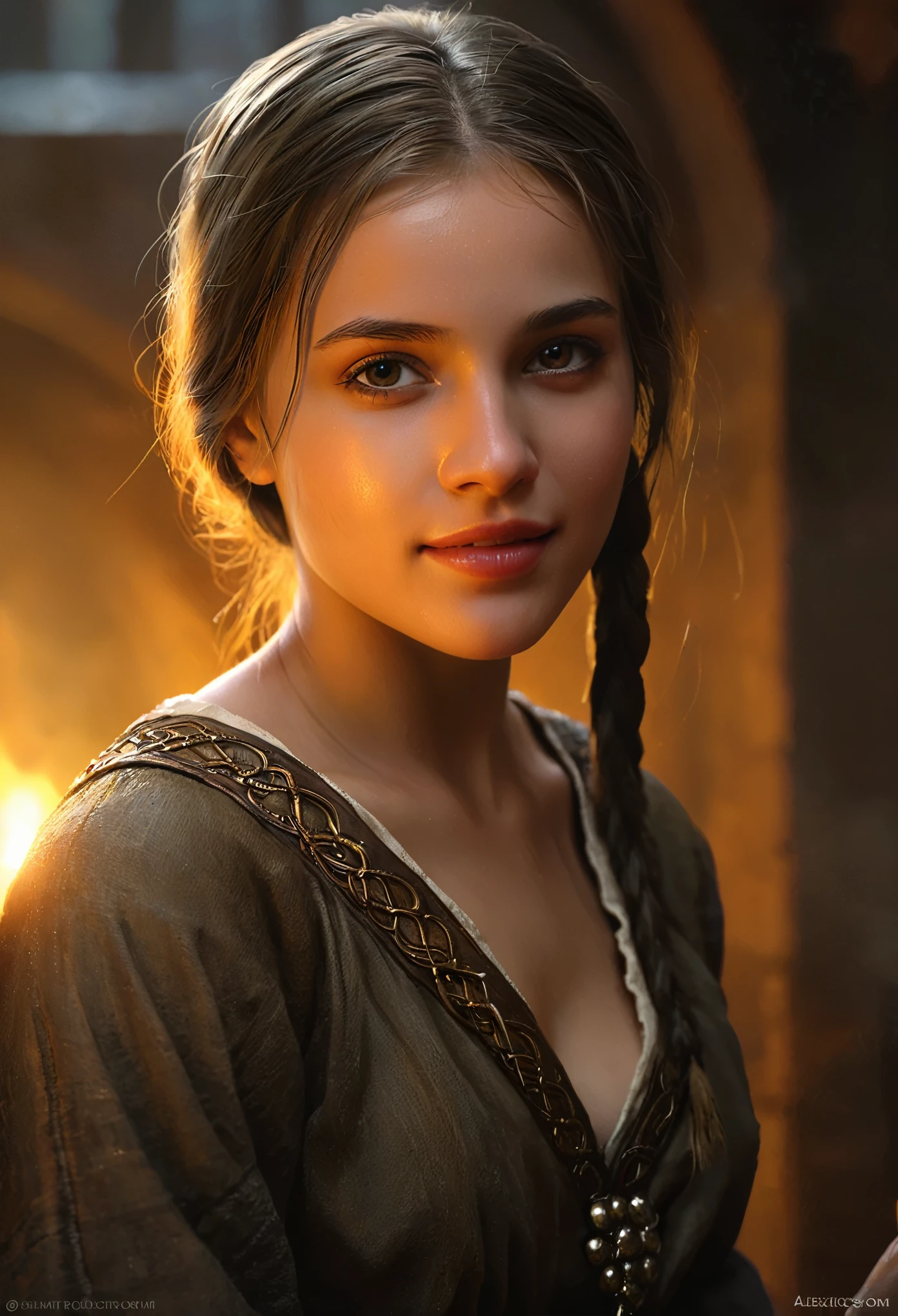 Style by Style Style Crypt Award winner, Spectacular oil painting of a beautiful medieval peasant girl, 15yo, (seductive expression:1.2), erotic espression, an ominous, evil, (Backlight:1.3), Digital Painting, concept art, Smooth, Sharp focus, Three-part method, Dark fantasy,Intricate details, art:Alexis Briclot, Medium Shot, (Shallow depth of field:1.3), grin seductively, She is in sexual climax. erotic, sexy, seductive, moistskin, hyper detailed skin texture,
