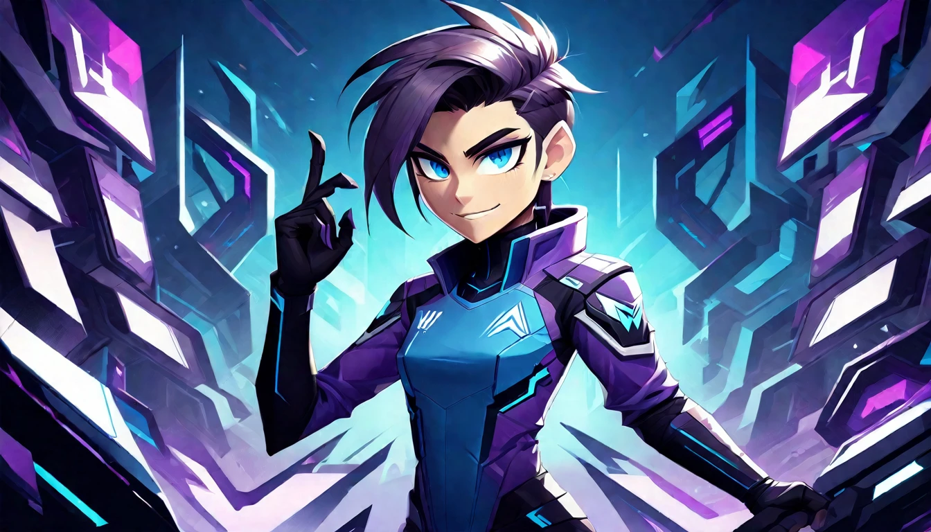 HazbinStyle,(assymetric:1.1), a cartoon character in e-sports player style with blue and purple tones