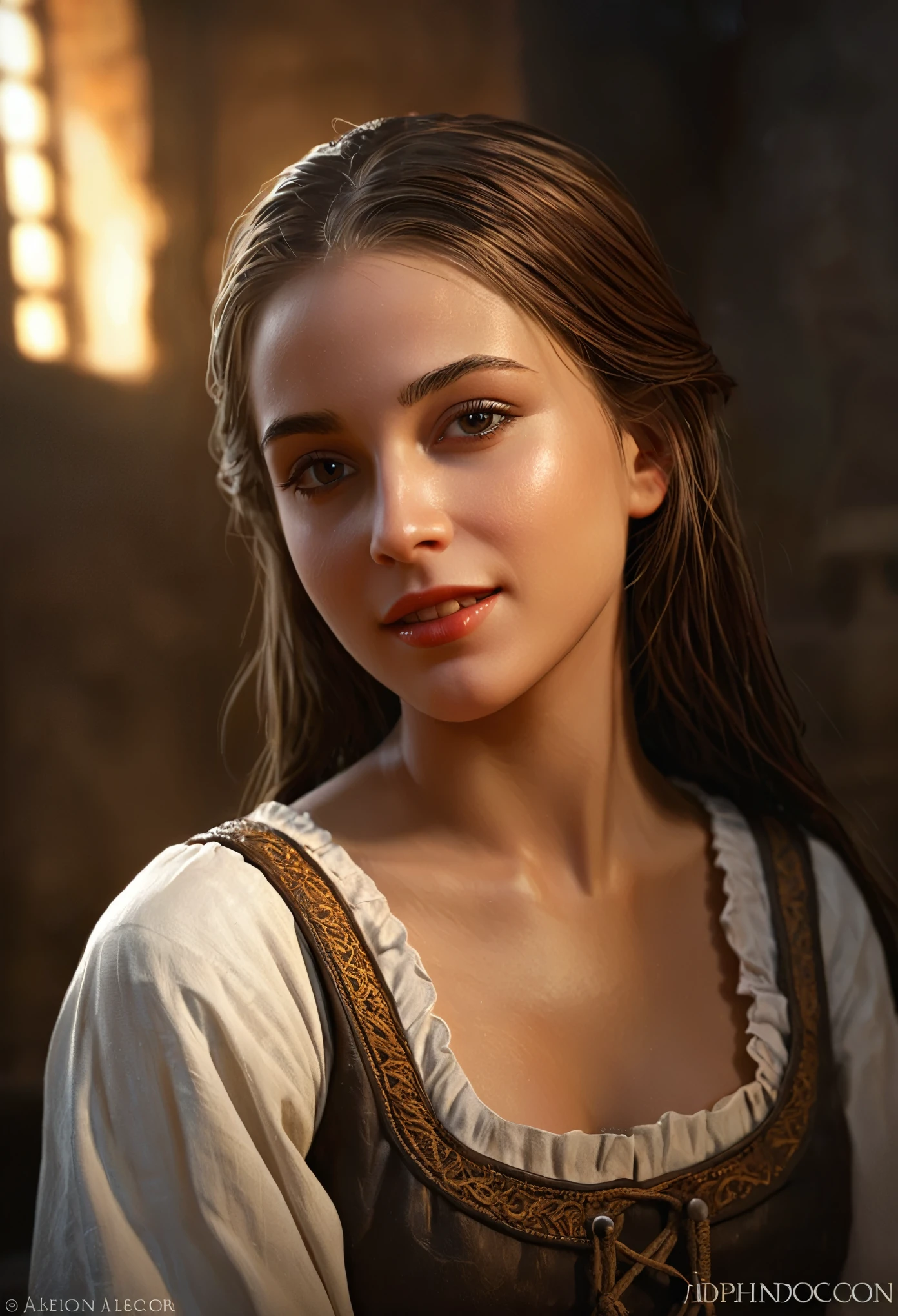 Style by Style Style Crypt Award winner, Spectacular oil painting of a beautiful medieval peasant girl, 15yo, (seductive expression:1.2), erotic espression, an ominous, evil, (Backlight:1.3), Digital Painting, concept art, Smooth, Sharp focus, Three-part method, Dark fantasy,Intricate details, art:Alexis Briclot, Medium Shot, (Shallow depth of field:1.3), grin seductively, She is in sexual climax. erotic, sexy, seductive, moistskin, hyper detailed skin texture,