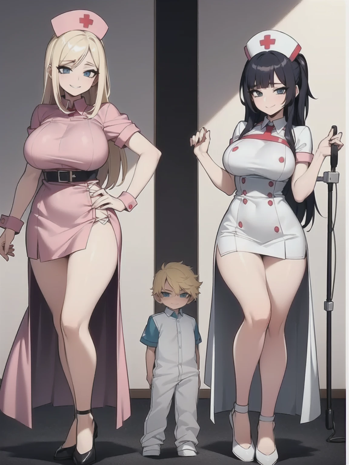 two sexy women in nurse outfits looking down at boy with blonde hair, looking at camera, seductive smiles, various hair, full body, fully white background