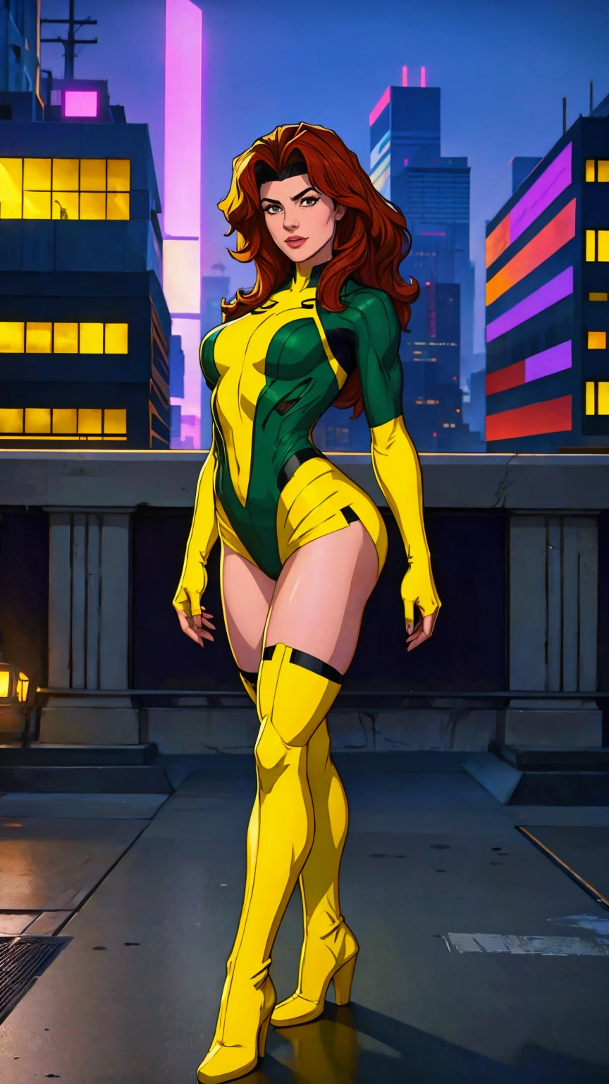 ((Full body photo, standing, feet on the floor)) (best quality,4k,8k,highres,masterpiece:1.2),ultra-detailed,(realistic,photorealistic,photo-realistic:1.37),full body shot,Rogue,X-Men,yellow thigh high boots,beauty pose, standing tall, show feet, outside, city rooftop at night, green headband