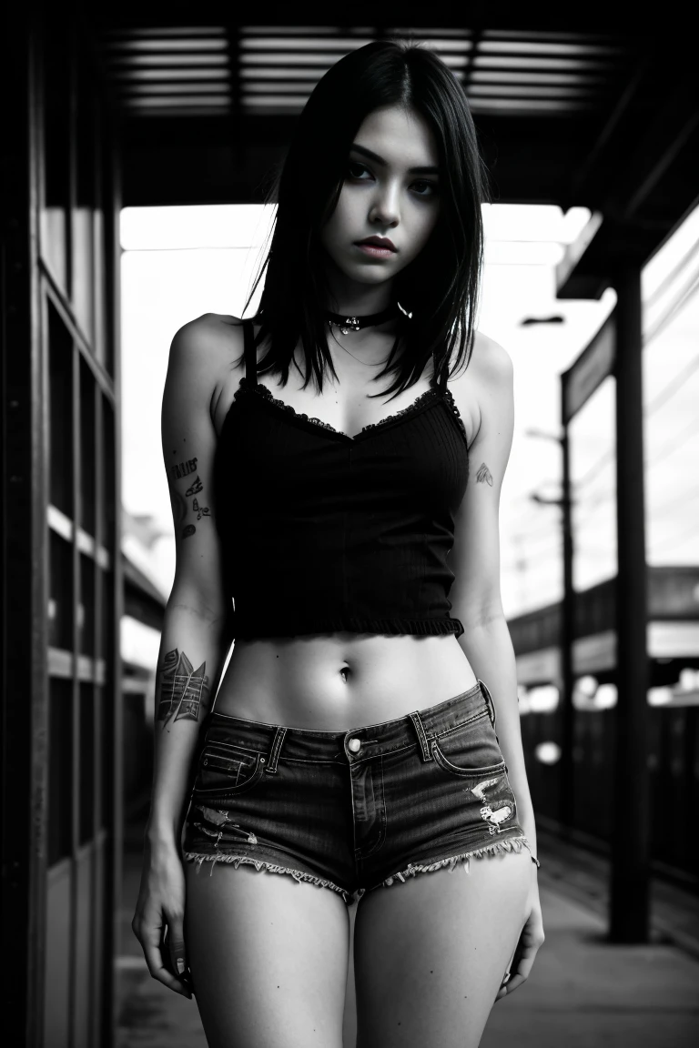 a beautiful 18 year old slim and sexy woman, emo girl, black dress, denim shorts, detailed face, long eyelashes, intricate makeup, moody expression, dark aesthetic, dramatic lighting, cinematic composition, dramatic shadows, grungy urban environment