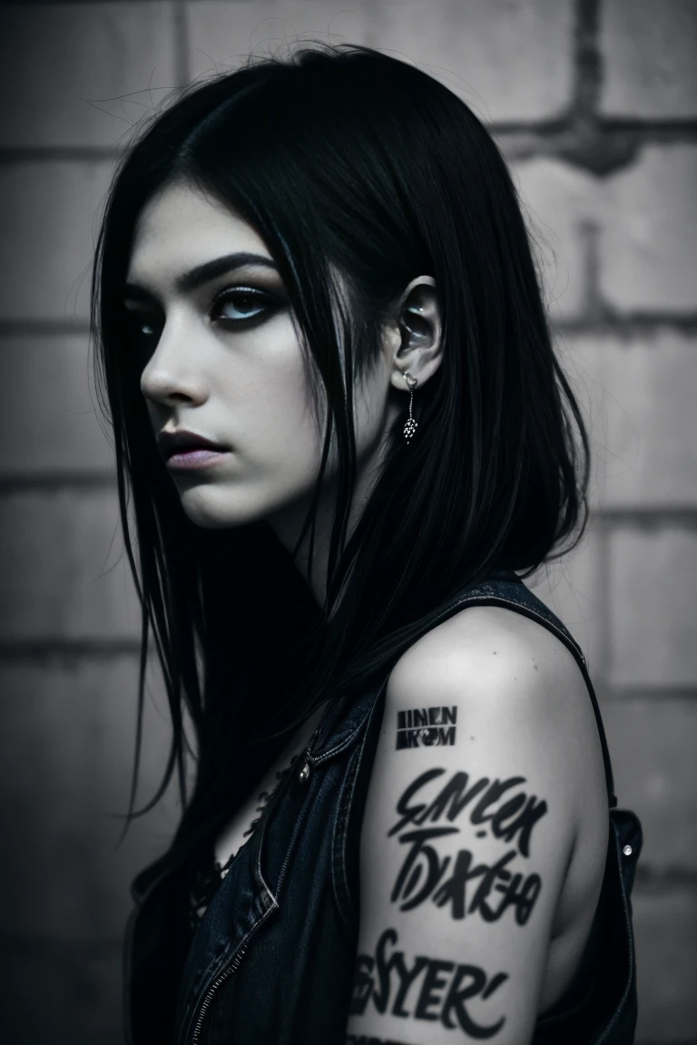 a beautiful 18 year old slim and sexy woman, emo girl, black dress, denim shorts, detailed face, long eyelashes, intricate makeup, moody expression, dark aesthetic, dramatic lighting, cinematic composition, dramatic shadows, grungy urban environment