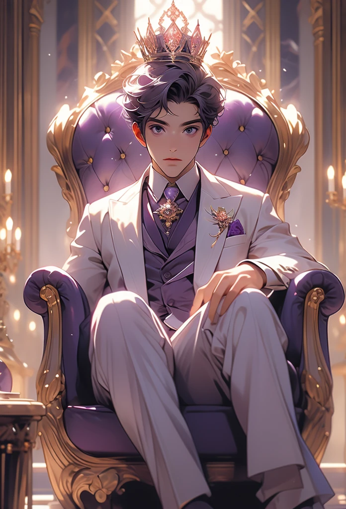man, Red and purple suit, host, With a crown, Sitting on the throne,Gorgeous chairs,Marble Flooring,