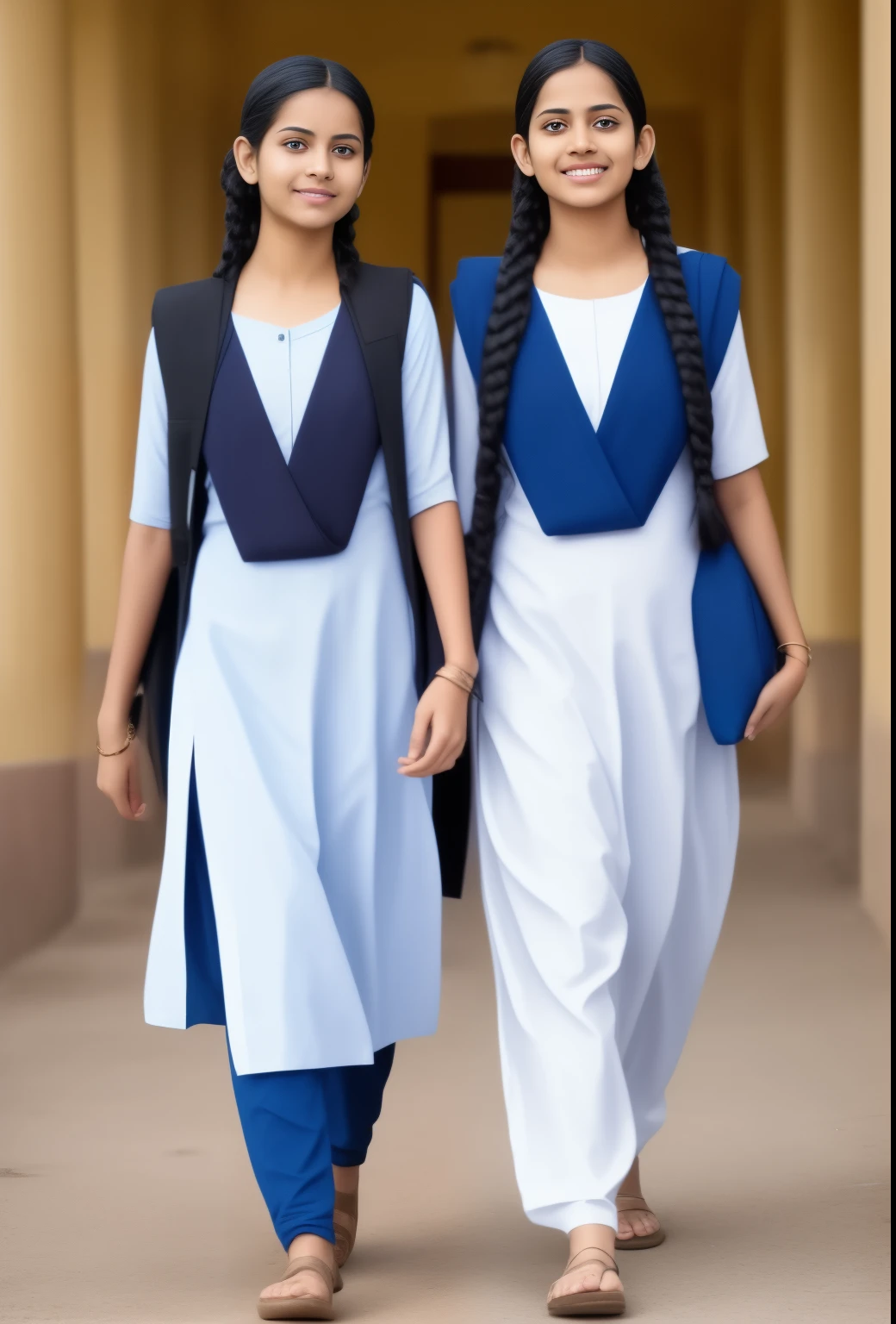Raw photo, two beautiful indian teen schoolgirls, with plaited hair, both coming towards the camera in a school walkway in a joyful happy mood, wearing salwar kameez uniform, with school backpacks, professional photographer, (hdr:1.4), masterpiece, ultra-realistic 8k, perfect artwork, intricate details, cute face, award winning photograph, (Best quality, 8k, 32k, Masterpiece, UHD:1.3)