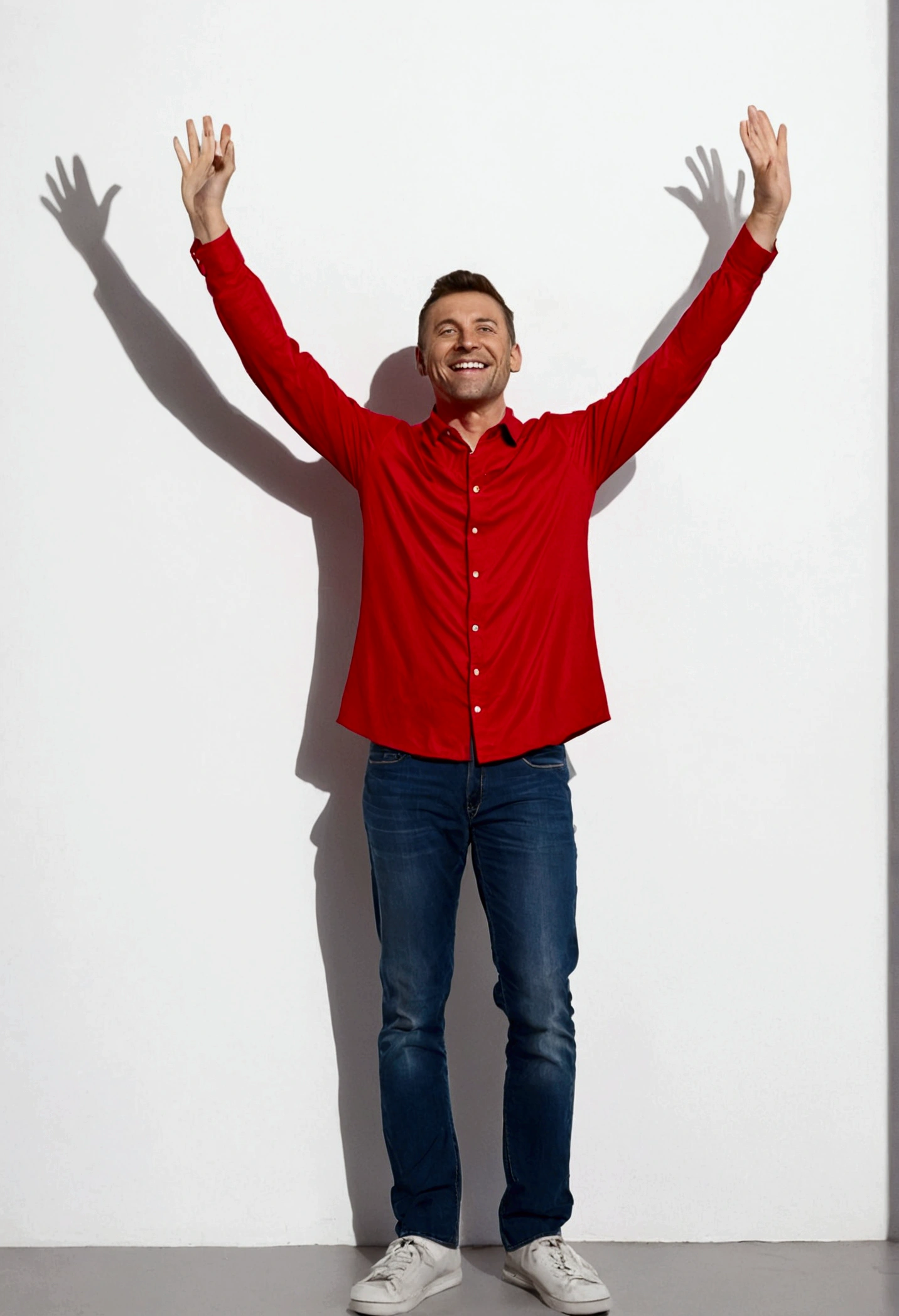 happy man in a red shirt is standing in front of a white wall, his palms raised