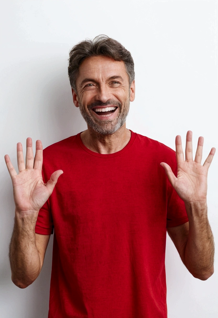happy man in a red shirt is standing in front of a white wall, his palms raised