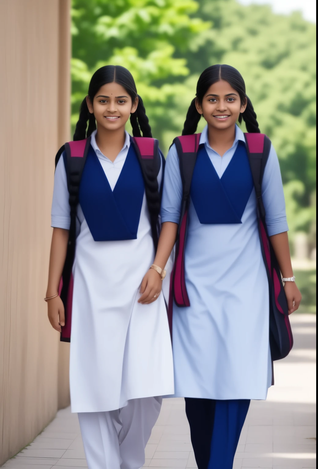 Raw photo, two beautiful indian teen schoolgirls, with plaited hair, both coming towards the camera in a school walkway in a joyful happy mood, wearing salwar kameez uniform, with school backpacks, professional photographer, (hdr:1.4), masterpiece, ultra-realistic 8k, perfect artwork, intricate details, cute face, award winning photograph, (Best quality, 8k, 32k, Masterpiece, UHD:1.3)