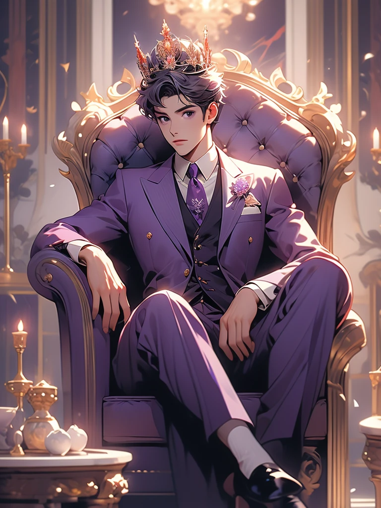 man, Red and purple suit, host, With a crown, Sitting on the throne,Gorgeous chairs,Marble Flooring,