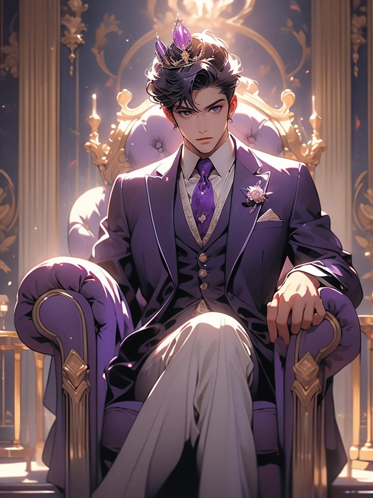 man, Red and purple suit, host, With a crown, Sitting on the throne，Gorgeous chairs，Marble Flooring，