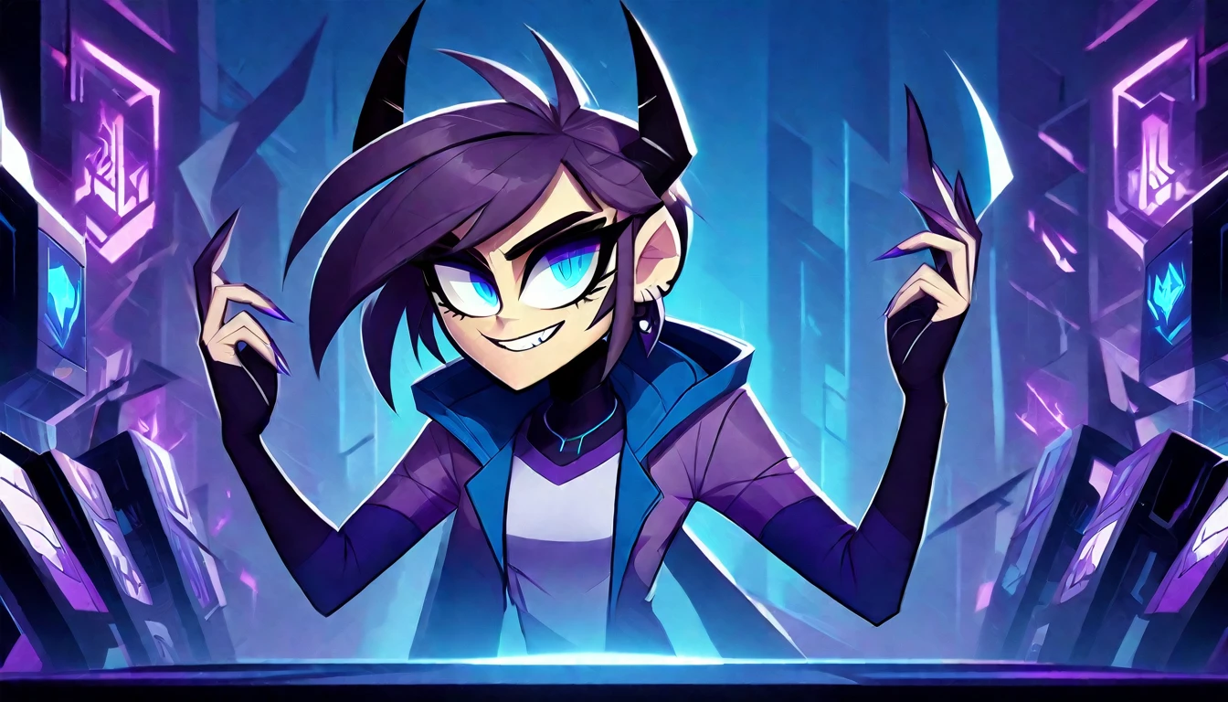 HazbinStyle, a cartoon character in e-sports player style with blue and purple tones