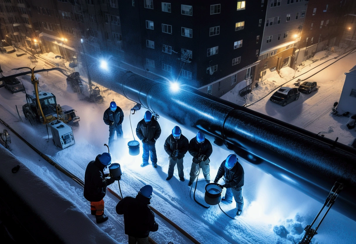 A group of Asian workers wearing blue helmets are repairing a pipeline. The background is a city street in heavy snow, with thick heating pipes (wearing a black cotton jacket: 1.5), (late night, night, night view, lighting: 1.5) (blizzard, blizzard: 1.5), welding, electric welding, (bird’s-eye view,Looking down from the sky: 1.5)