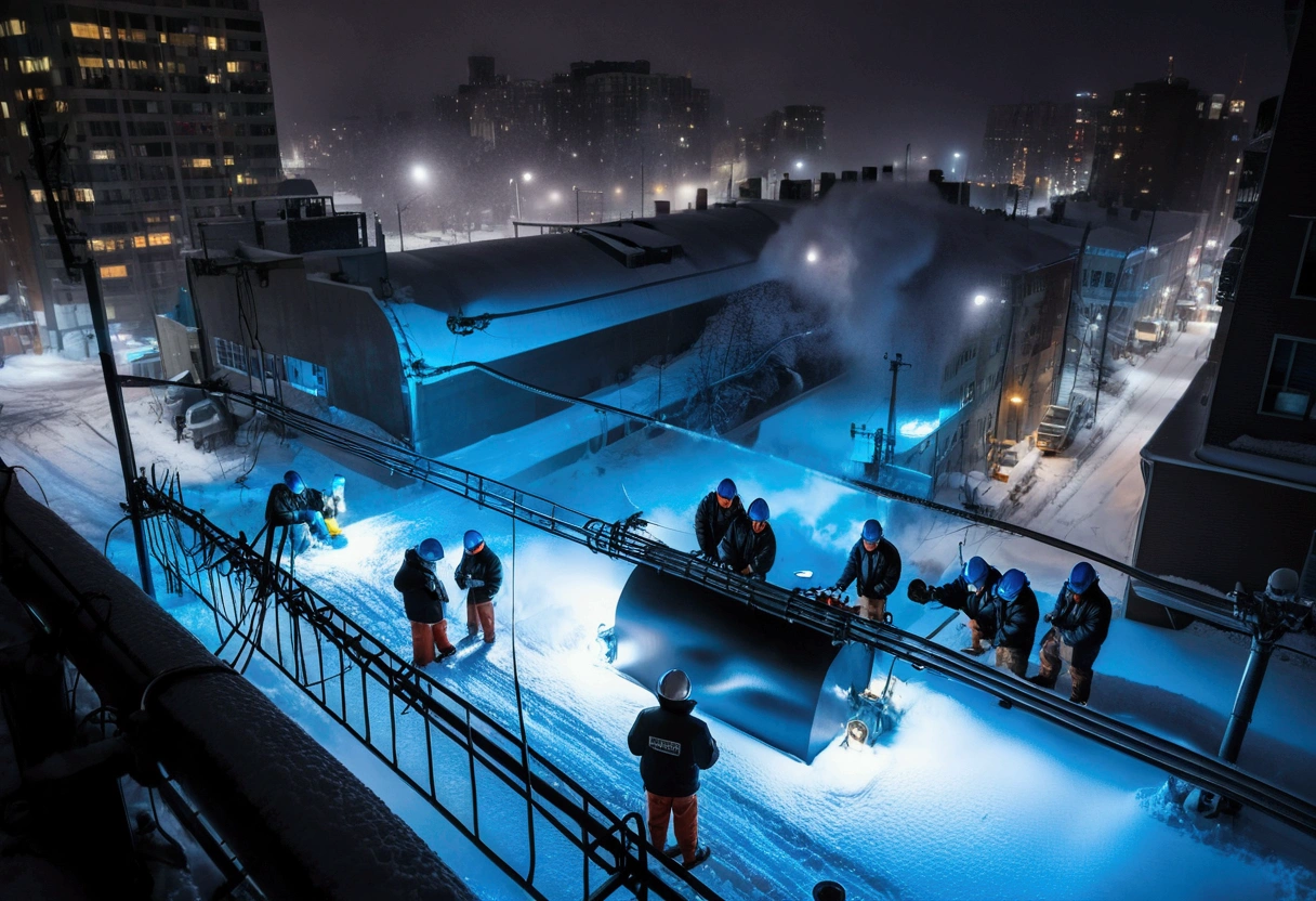 A group of Asian workers wearing blue helmets are repairing a pipeline. The background is a city street in heavy snow, with thick heating pipes (wearing a black cotton jacket: 1.5), (late night, night, night view, lighting: 1.5) (blizzard, blizzard: 1.5), welding, electric welding, (bird’s-eye view,Looking down from the sky: 1.5)