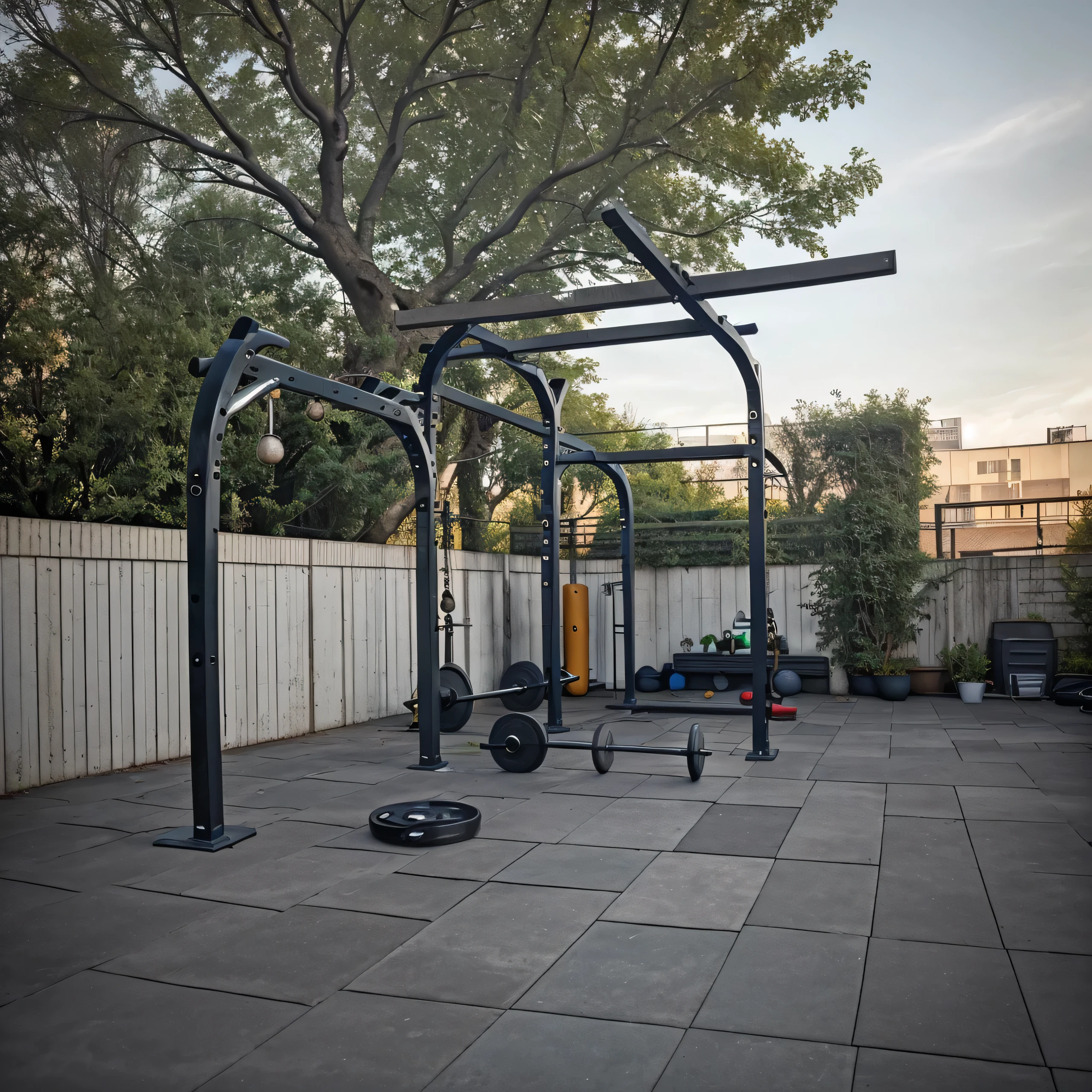 outdoor Gym background with a heavy loaded barbell on the floor , no people