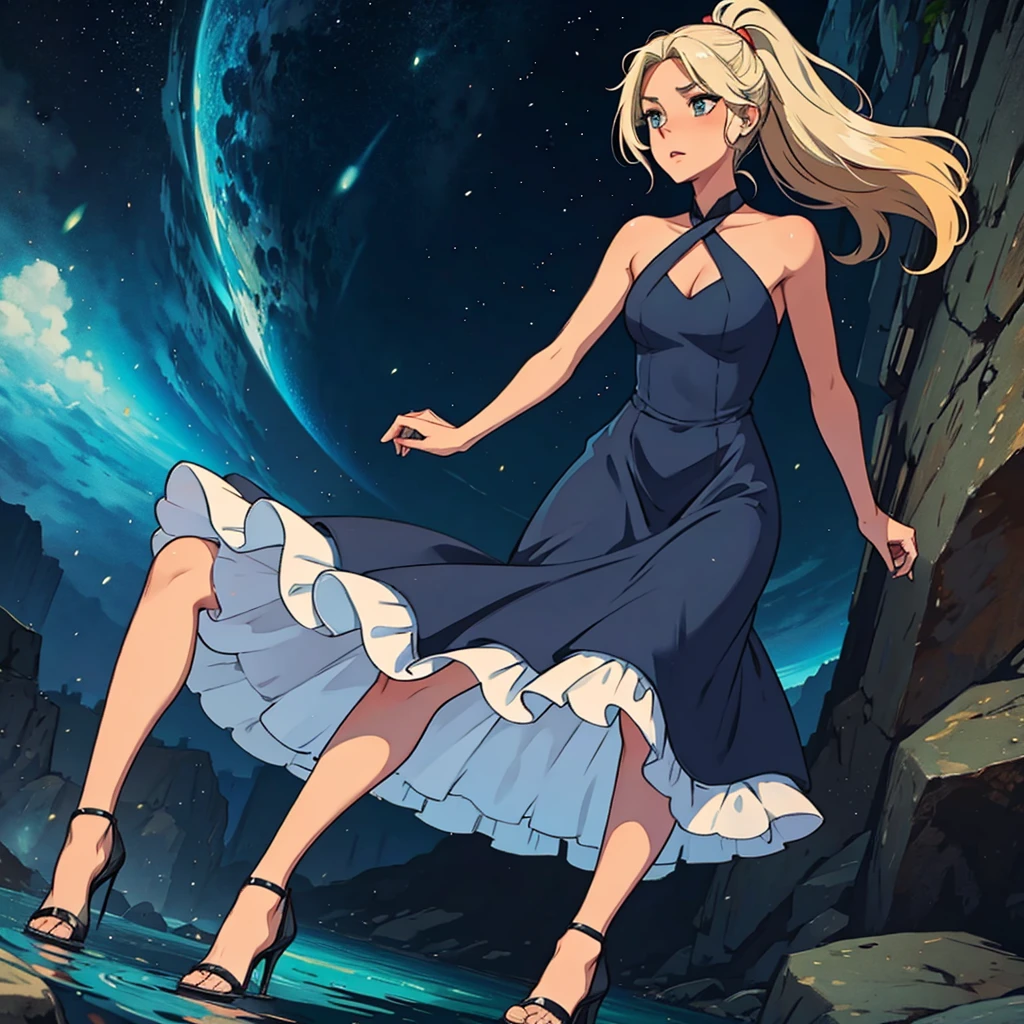 Woman with blonde hair, with a red streak, gray eyes and tanned white skin, wearing a dark blue dress, green heels