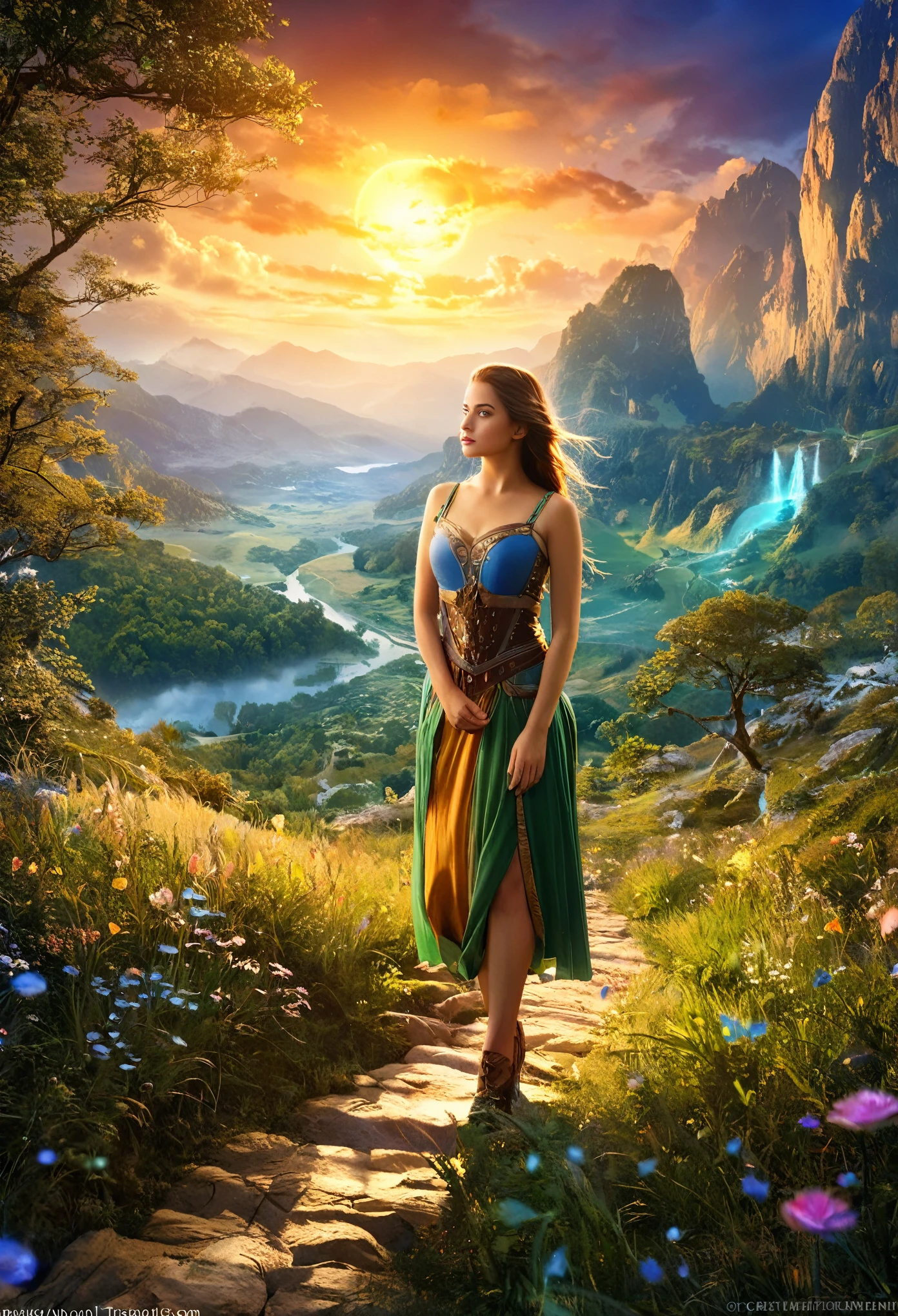 A beautiful girl is standing, Highest quality, masterpiece, Beautiful wild nature fantasy landscape with glowing lights