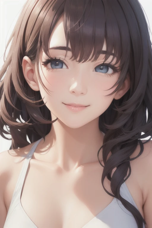 girl,Character design sheet,Beautiful attention to detail,Beautiful lip detail,Very detailed目と顔,Long eyelashes,Realistic,photoRealistic:1.37,Very detailed,Professional,Vibrant colors,Portraiture,Studio Lighting,Physically Based Rendering,High resolution,超High resolution. blue eyes,Big eyes， Close ~ eyes，Long Hair，Curly hair、Black Hair，Red cheeks，Lower eyes，whole body，smile，White swimsuit，Mid-chest，Waist，foot，model
