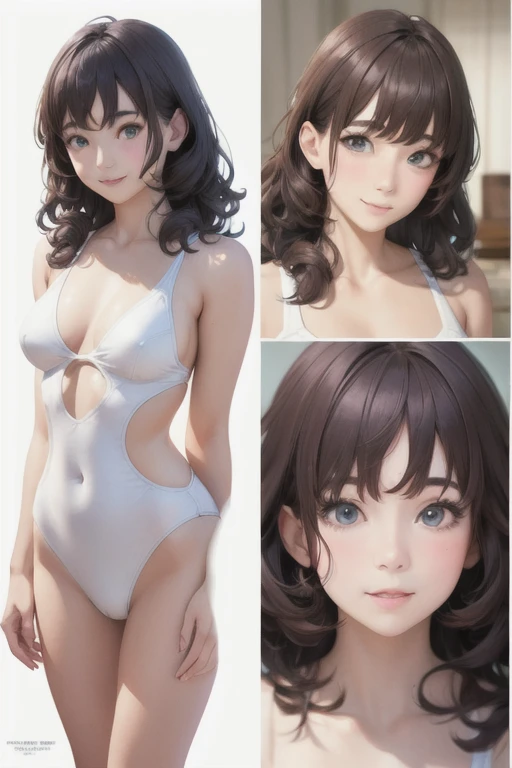girl,Character design sheet,Beautiful attention to detail,Beautiful lip detail,Very detailed目と顔,Long eyelashes,Realistic,photoRealistic:1.37,Very detailed,Professional,Vibrant colors,Portraiture,Studio Lighting,Physically Based Rendering,High resolution,超High resolution. blue eyes,Big eyes, Close ~ eyes,Long Hair,Curly hair、Black Hair,Red cheeks,Lower eyes,whole body,smile,White swimsuit,Mid-chest,Waist,foot,model