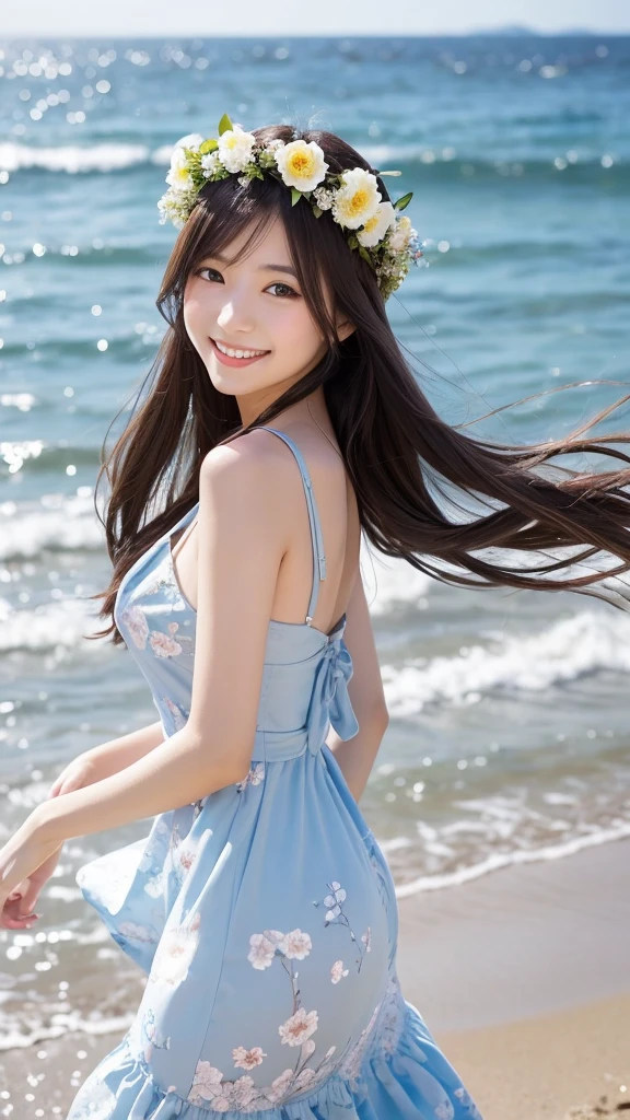Having long flowing hair、Very Beautiful Japan Woman。She is wearing a stylish dress and a flower crown.、She has striking bluish-black eyes and a bright smile.、Has an elegant posture。The background is a sparkling seaside and sandy beach.。
The image style is realistic.、It adds a touch of glamour.。