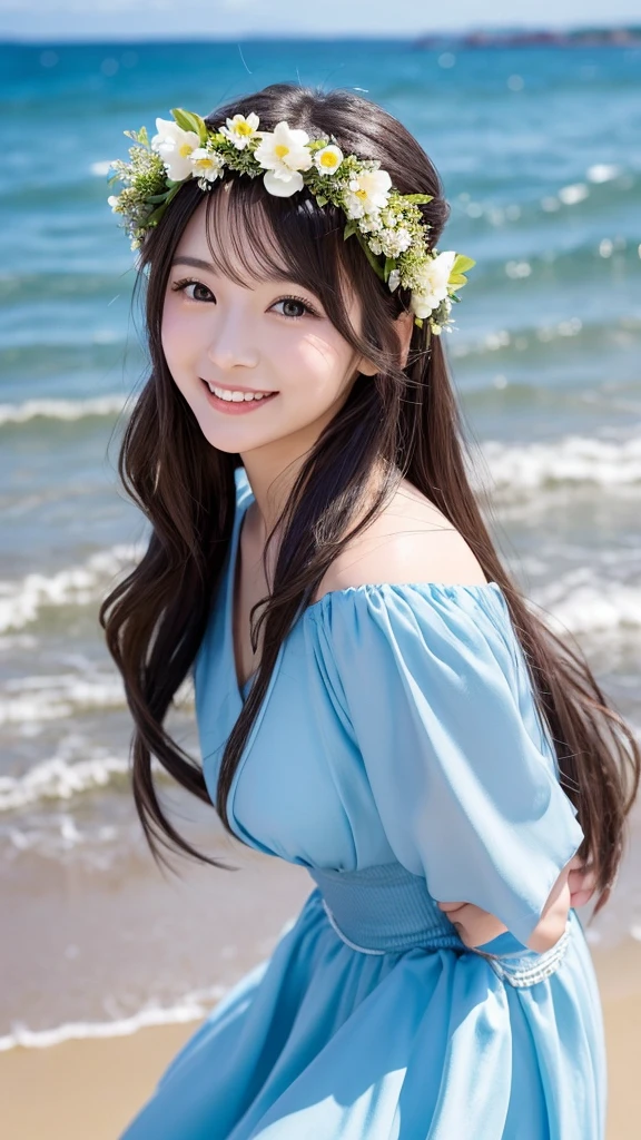 Having long flowing hair、Very Beautiful Japan Woman。She is wearing a stylish dress and a flower crown.、She has striking bluish-black eyes and a bright smile.、Has an elegant posture。The background is a sparkling seaside and sandy beach.。
The image style is realistic.、It adds a touch of glamour.。