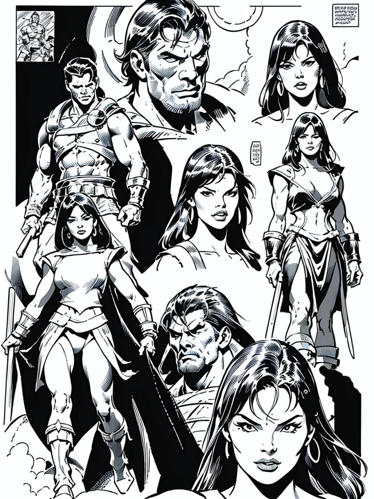 (Spartan warriors)Full body,Male and Female illustration in Buscema drawing style;beautiful female,spartan helmets and armor, warrior woman art,swords and sheilds, Wide Angle,8K True-to-Life Picture Quality, Handsome, muscular body types,Perfect facial details,agressive facial expression,no nsfw images