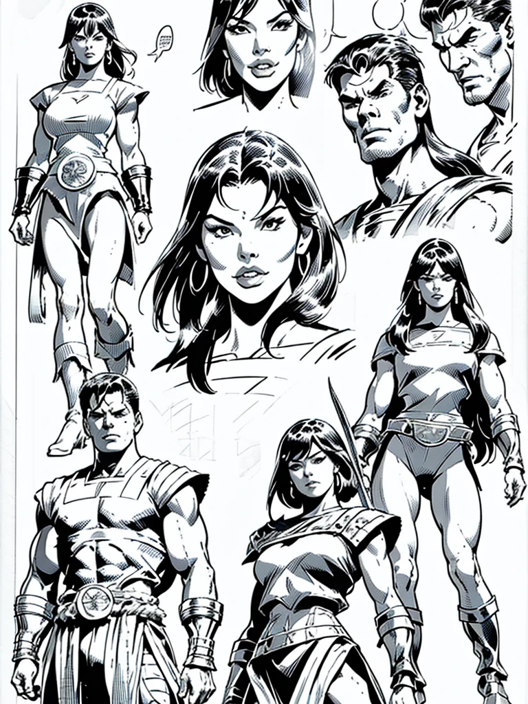 (Spartan warriors)Full body,Male and Female illustration in Buscema drawing style;beautiful female,spartan helmets and armor, warrior woman art,swords and sheilds, Wide Angle,8K True-to-Life Picture Quality, Handsome, muscular body types,Perfect facial details,agressive facial expression,no nsfw images