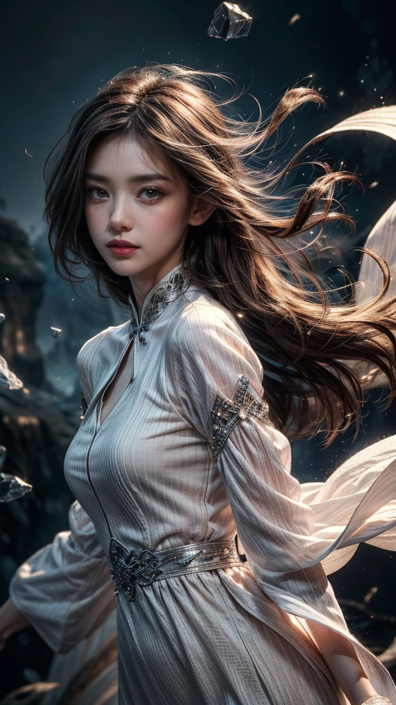 (masterpiece, Highest品質, Highest, Official Art, beautifully、beautiful, exposed for a long time: 1.2), Smooth movement, Attractive patterns, 1 girl, (Long dress with sleeves: 1.3), (((White clothes) )), Upper Body close-up, Expose your shoulders, Chinese Girl, blush, Black lob hair, Portraiture, alone, Upper Body, Observing the observer, Detailed Background, Detailed face, (Crystal AI, Crystal Theme:1.1), Wind Elf, Rotating wind, Controlling the wind, White crystal clothes, Dynamic pose, Suspended particles, Aether Dynamics, whirlwind, vapor, whirlwind in the background, White Tone, whirlwind, Great atmosphere,