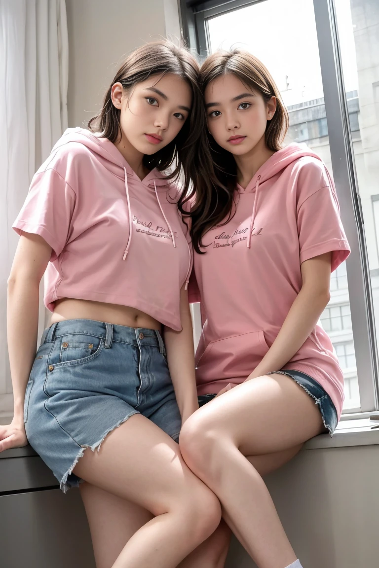 deux femmes ensemble de 18 ans sexy et mince , pink short sleeve hoodie , salle de classe, se touche,position sey,sensuel,visible legs,
