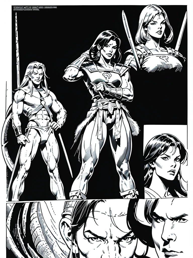 (Spartan warriors)Full body,Male and Female illustration in Buscema drawing style;beautiful female,spartan helmets and armor, warrior woman art,swords and sheilds, Wide Angle,8K True-to-Life Picture Quality, Handsome, muscular body types,Perfect facial details,agressive facial expression,no nsfw images