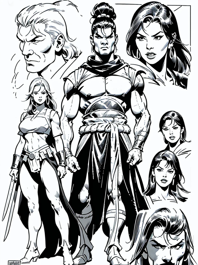 (Spartan warriors)Full body,Male and Female illustration in Buscema drawing style;beautiful female,spartan helmets and armor, warrior woman art,swords and sheilds, Wide Angle,8K True-to-Life Picture Quality, Handsome, muscular body types,Perfect facial details,agressive facial expression,no nsfw images