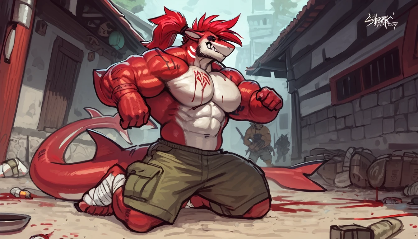 bright red colored bara shark, white countershade, red skin, strong physique, tribal tattoos, scarlet samurai hair in ponytail, cyan colored eyes, black sclera, very muscular, perfect anatomy, scars on body, full body view in frame, solo, masterpiece,  beard, strong jaw, thick thighs, giant biceps, muscular, shark tail, grin, amazing shading, full body, detailed hands, detailed eyes, detailed face, detailed arms,anthro, muscular, abs, (detailed:1.5), male, detailed background,by zackary911, by nightterror, by sligarthetiger, huge plump pecs,               blood, blood on head, blood on self, injured, on one knee, kneeling, bandages, wrapping bandage, determined expression,  perfect musculature, cargo shorts,