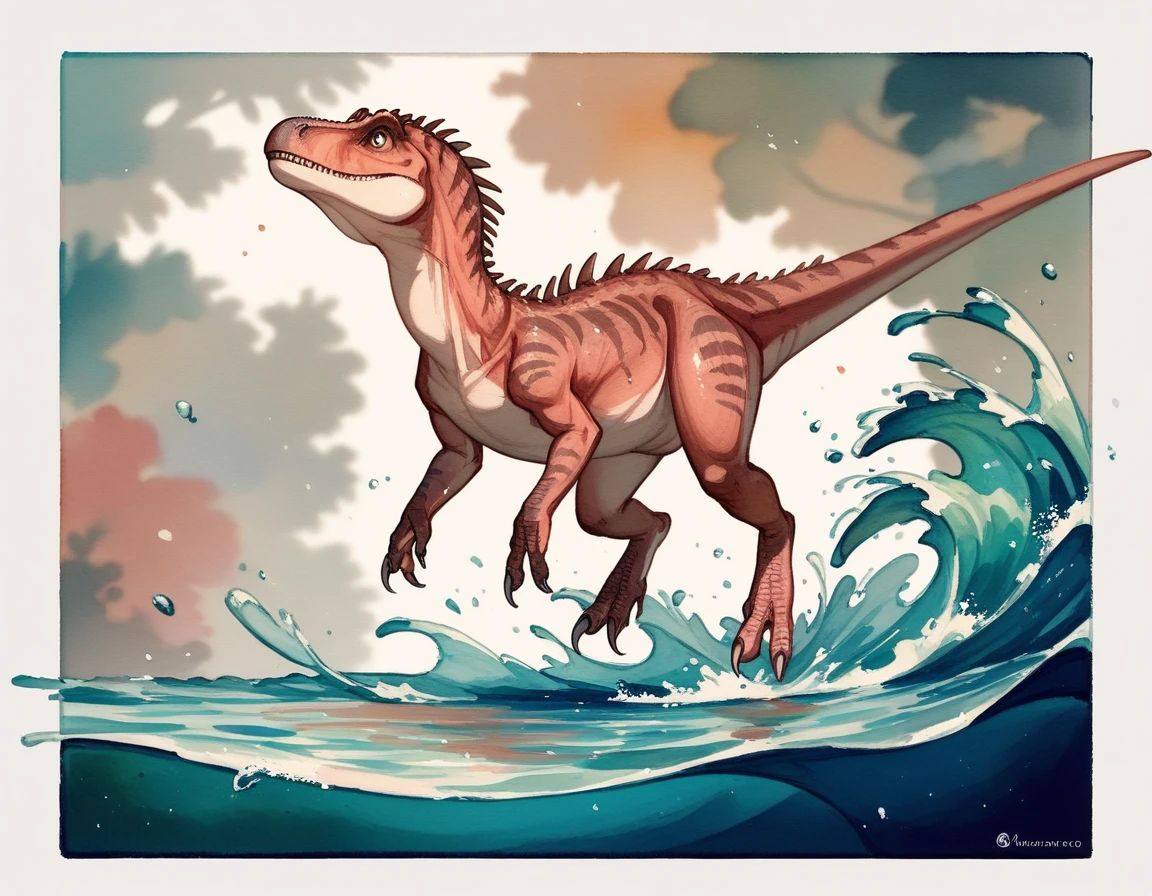(score_9,score_8_up,score_7_up,score_6_up,score_5_up,score_4_up) splash in ornamental watercolor art style, dinosaur