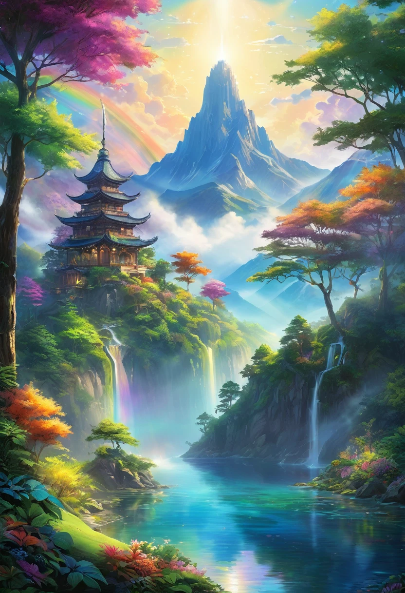 Enchanting Dreamlight Island, A Vision of Beauty. The sunlight dances through a veil of mist., Surrounding mountains々The lake reflects the light and casts a mottled shadow on its surface.. A towering tower of light rises into the sky, The surface reflects the colors of the rainbow. A whimsical tree in the forest々There are lots of creatures to play with., Creating a tapestry of light and shadow that captivates the soul.